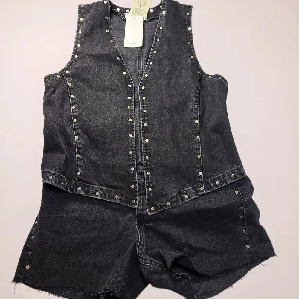 NWT Mango MNG 2-piece Studded Denim Vest and Shorts. Vest Size M, Shorts size 4
